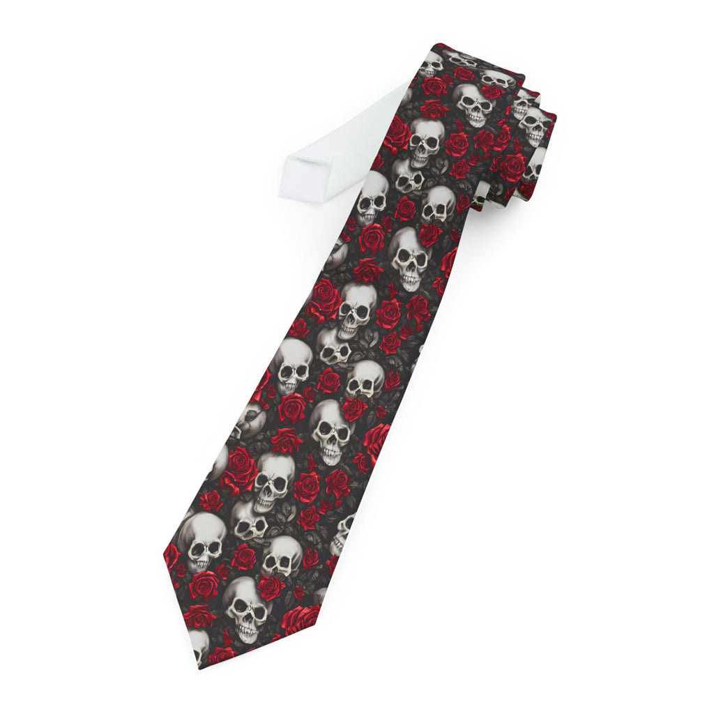 "DirkyThreadz Skull and Rose Necktie - Edgy Red and Black Design for Bold Elegance"