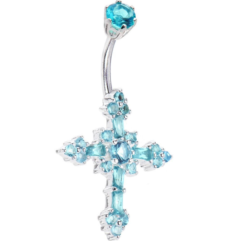 Sterling Silver 925 Aqua Cubic Zirconia CROSS Belly Ring