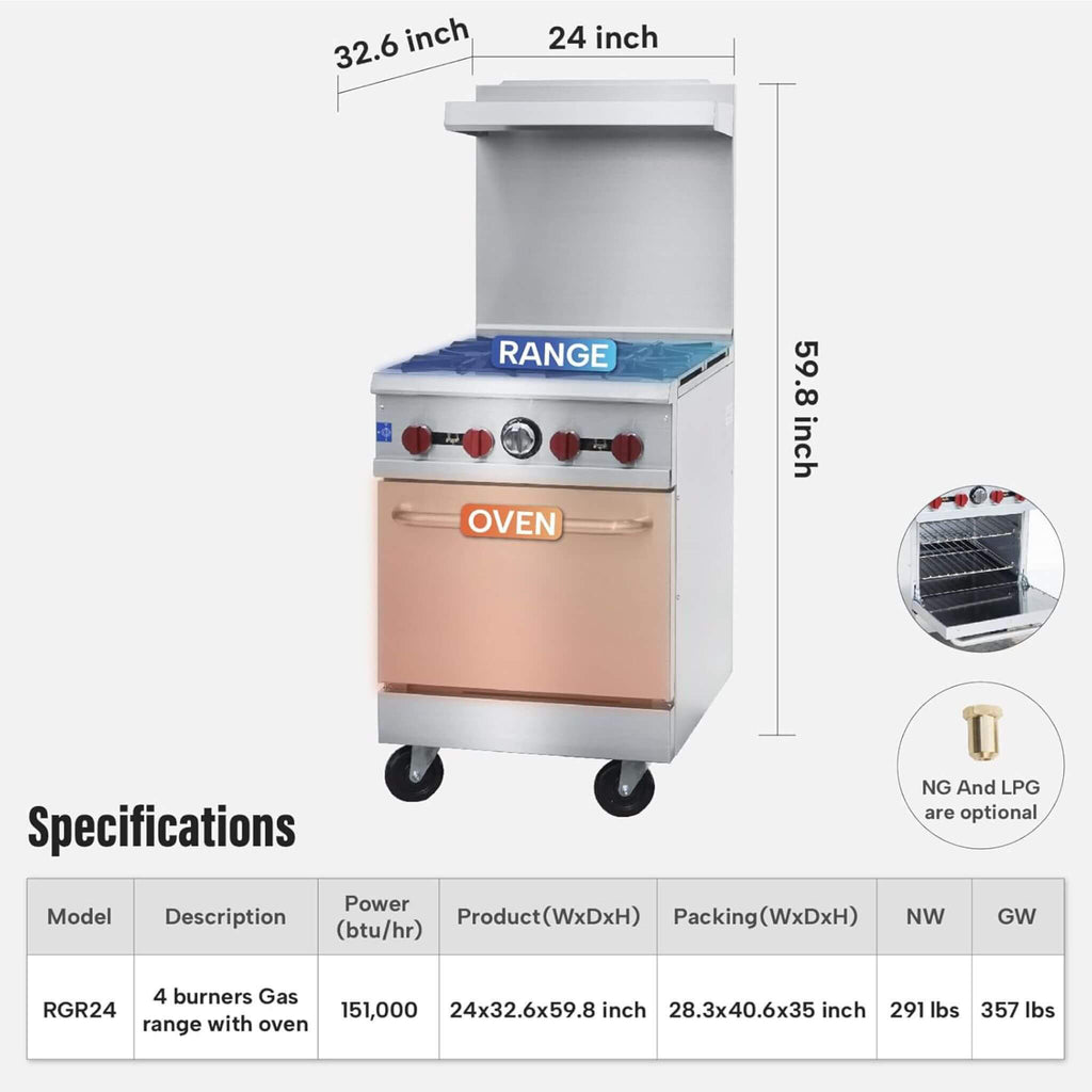 24-Inch Commercial 151K BTU 4-Burner Stainless Steel Freestanding Gas Range (SAK70931)
