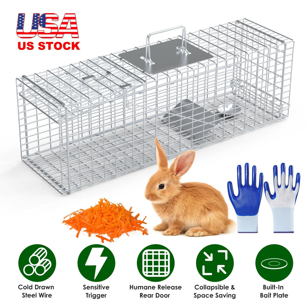 Live Animal Trap Cage 27x7.5x8in Folding Catch and Release Steel Humane Cat Trap for Racoons Stray Cats Rabbits Beavers Hedgehogs Chipmunk Small Anima