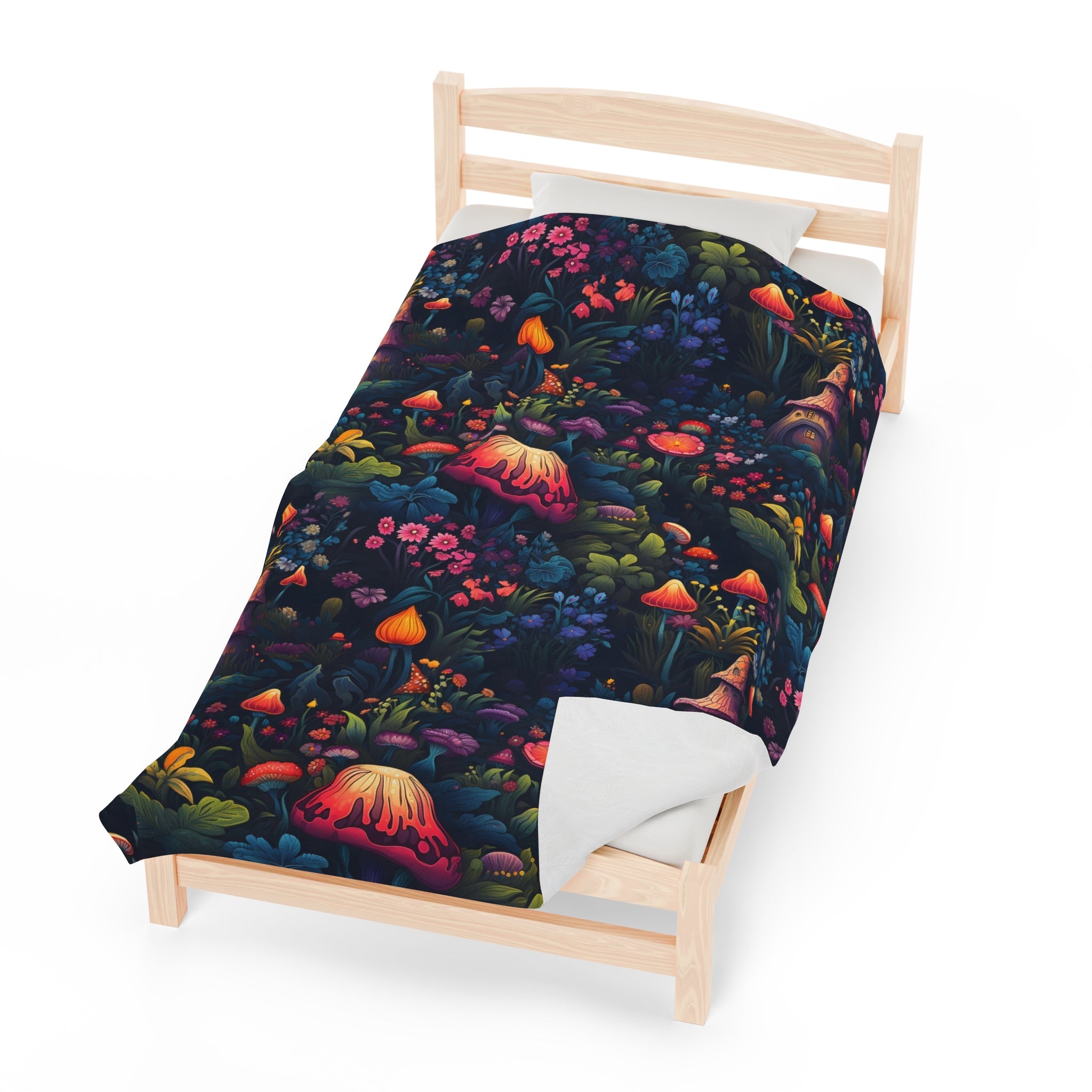 Fairy Tale Magical Forest With Colorful Mushrooms Velveteen Plush Blanket