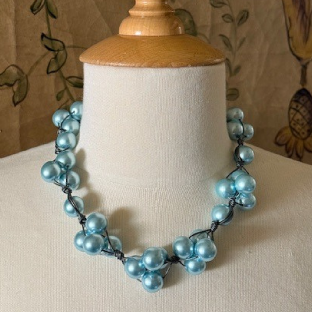 Aqua Glass Pearls and Platinum Leather Woven Necklace