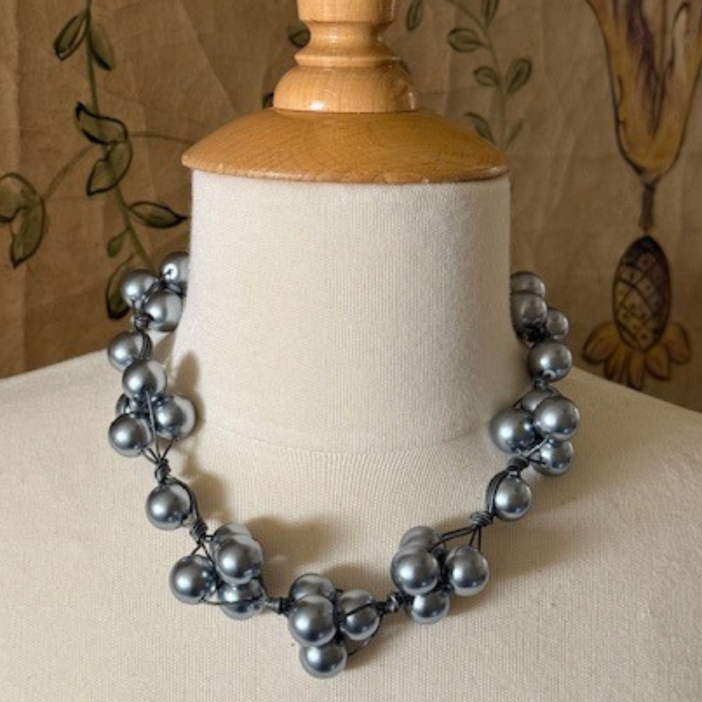 Grey Glass Pearls and Platinum Leather Woven Necklace