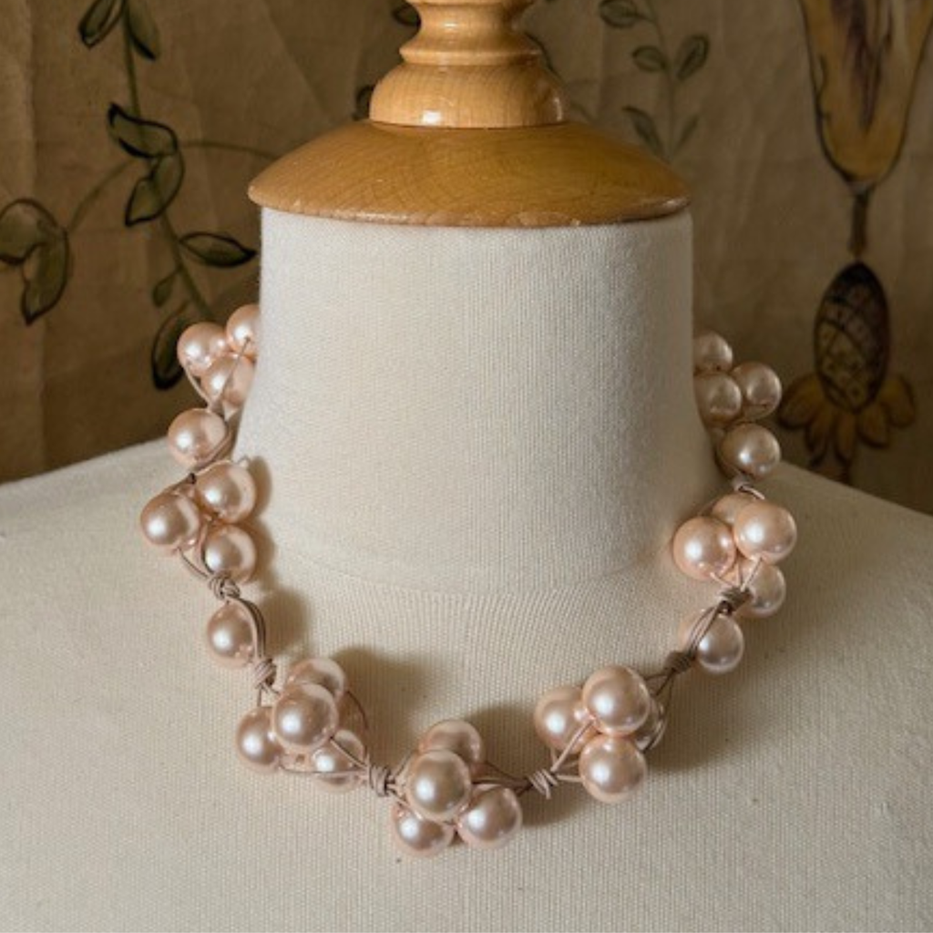 Pink Glass Pearls and Natural Leather Woven Necklace