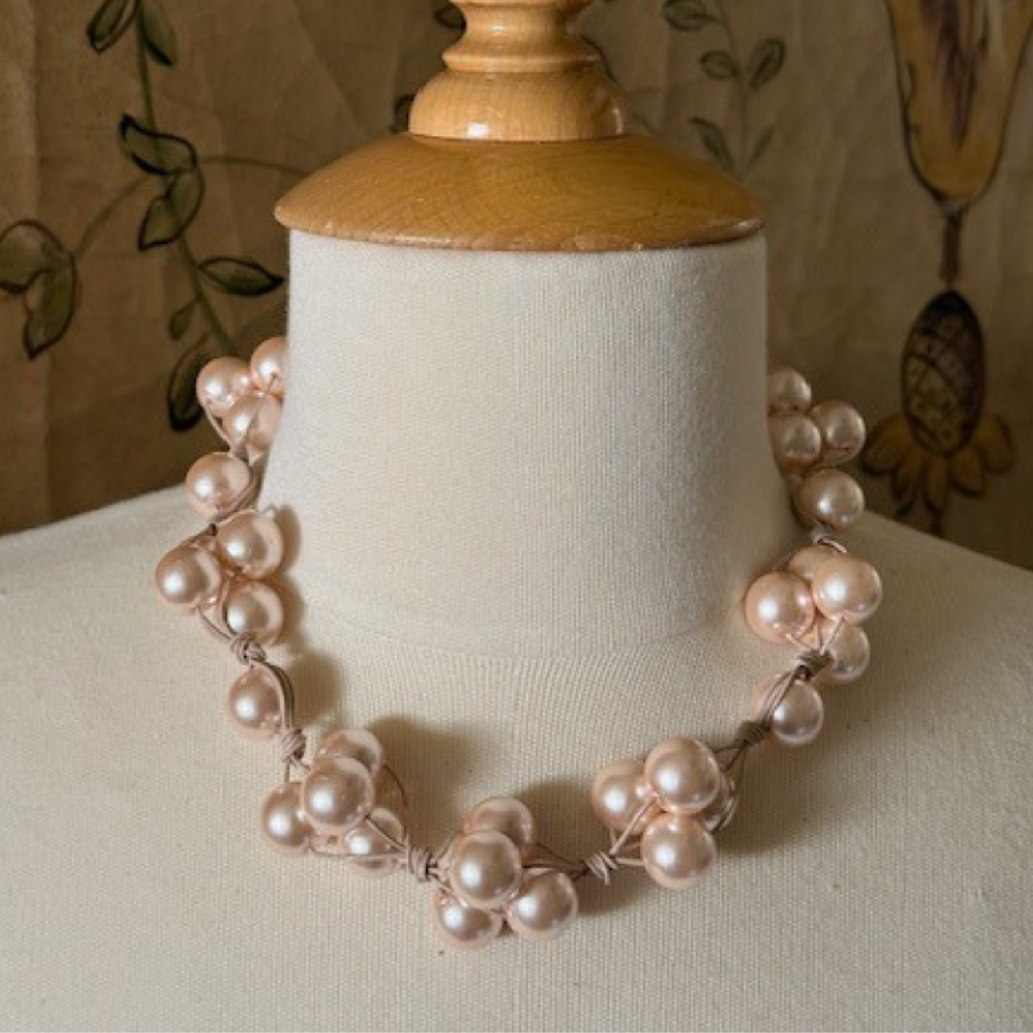 Pink Glass Pearls and Natural Leather Woven Necklace