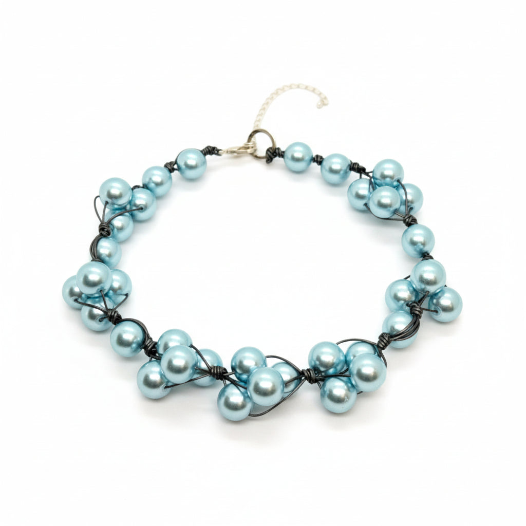 Aqua Glass Pearls and Platinum Leather Woven Necklace