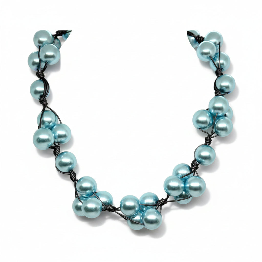 Aqua Glass Pearls and Platinum Leather Woven Necklace