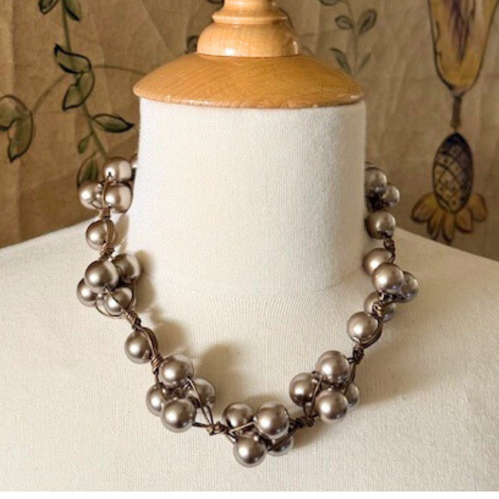 Taupe Glass Pearls and Bronze Leather Woven Necklace