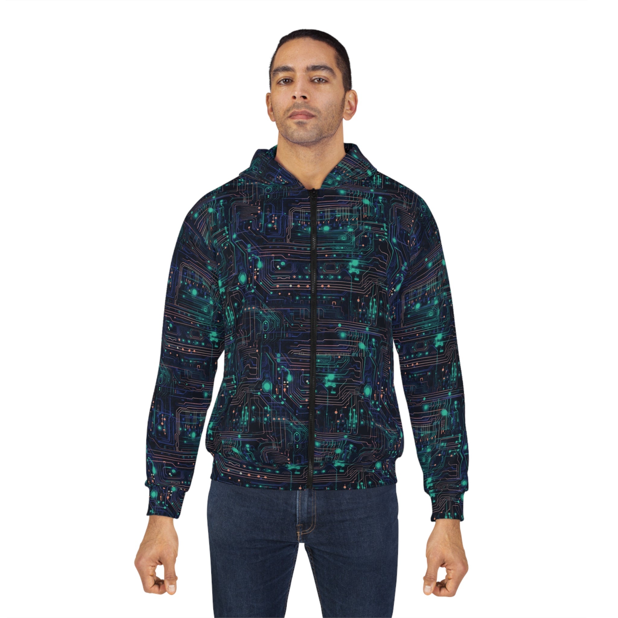 Cyberpunk Cool: Neon Circuit Board All Over Print Unisex Zip Hoodie (AOP)