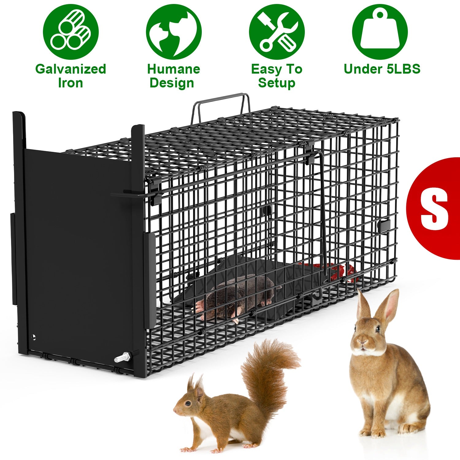 26in Single Door Live Animal Cage Trap For Animals Under 5LBS Easy To Setup Humane Galvanized Iron Trap Cage For Small Cats Rabbits Squirrels Moles Ch