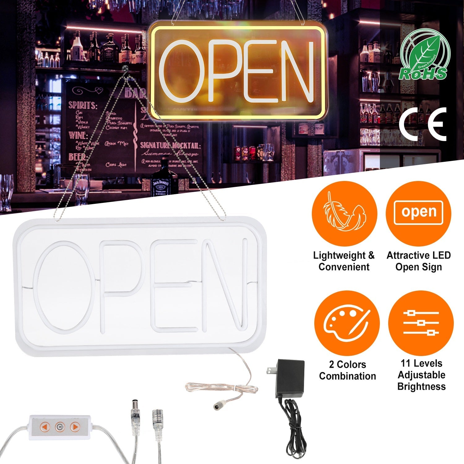 LED Open Sign 16.5x9.1in Business Neon Open Sign Advertisement Board with 11 Levels Adjustable Brightness
