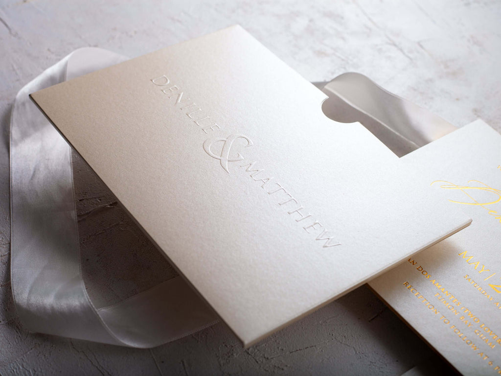 Ivory and Gold Embossed Wedding Invitations - Elegant Stationery Set