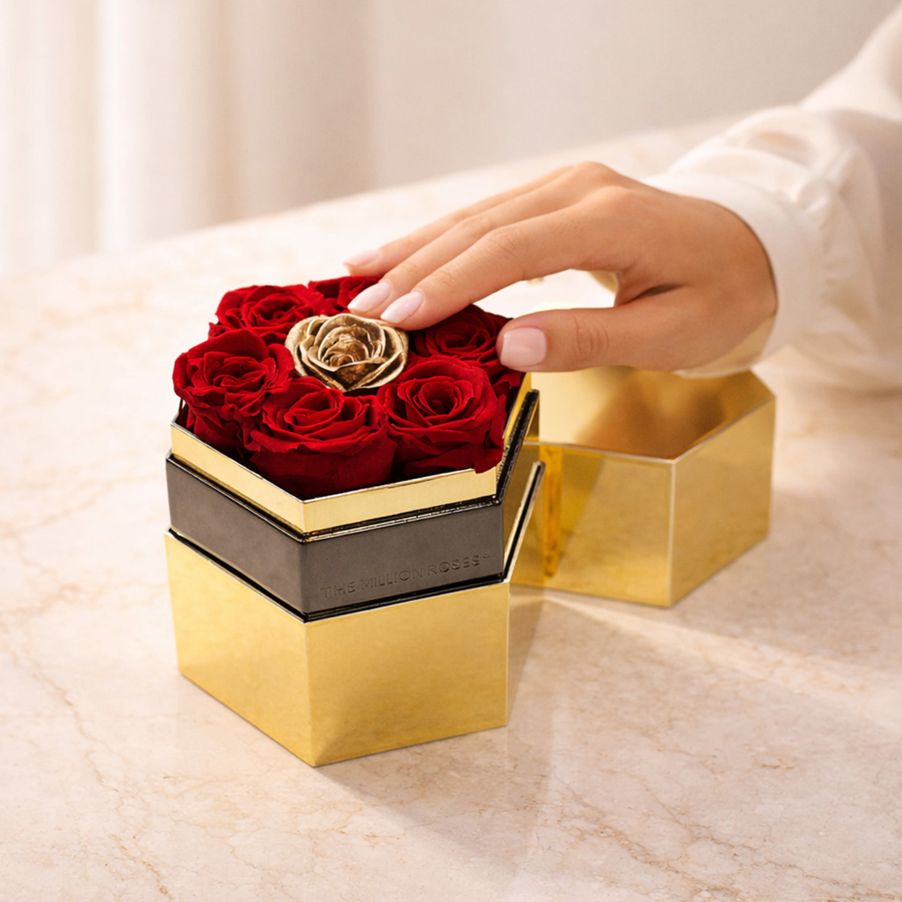One in a Million™ Mirror Gold Hexagon Box | Red & Gold Roses