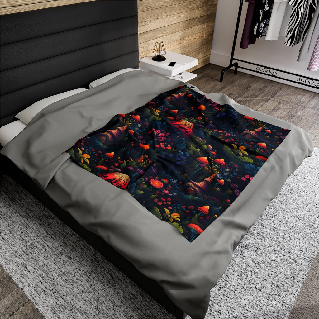 Fairy Tale Magical Forest With Colorful Mushrooms Velveteen Plush Blanket