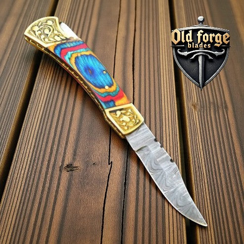 Premium Damascus Steel Pocket Knife – Handmade Brass & Wood Handle