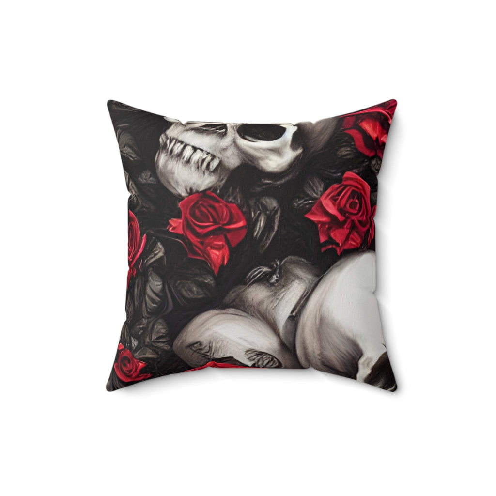 Hyper Realistic Skulls and Red Roses by artist Anne-Laure Goupil Spun Polyester Square Pillow