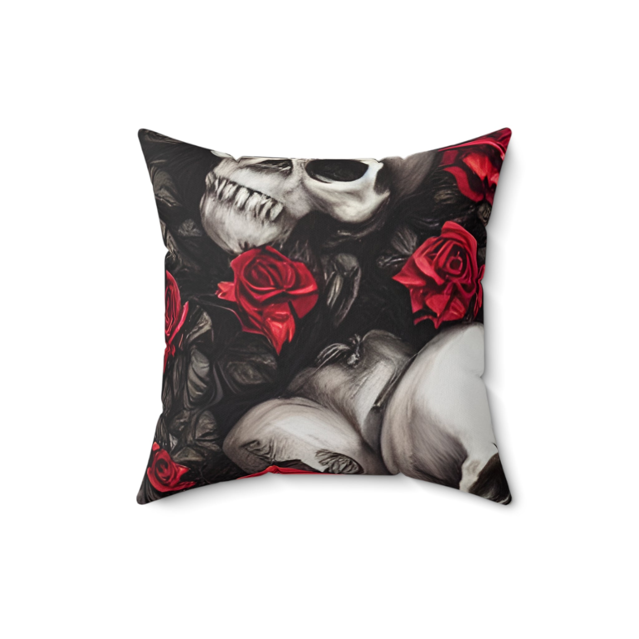 Hyper Realistic Skulls and Red Roses by artist Anne-Laure Goupil Spun Polyester Square Pillow