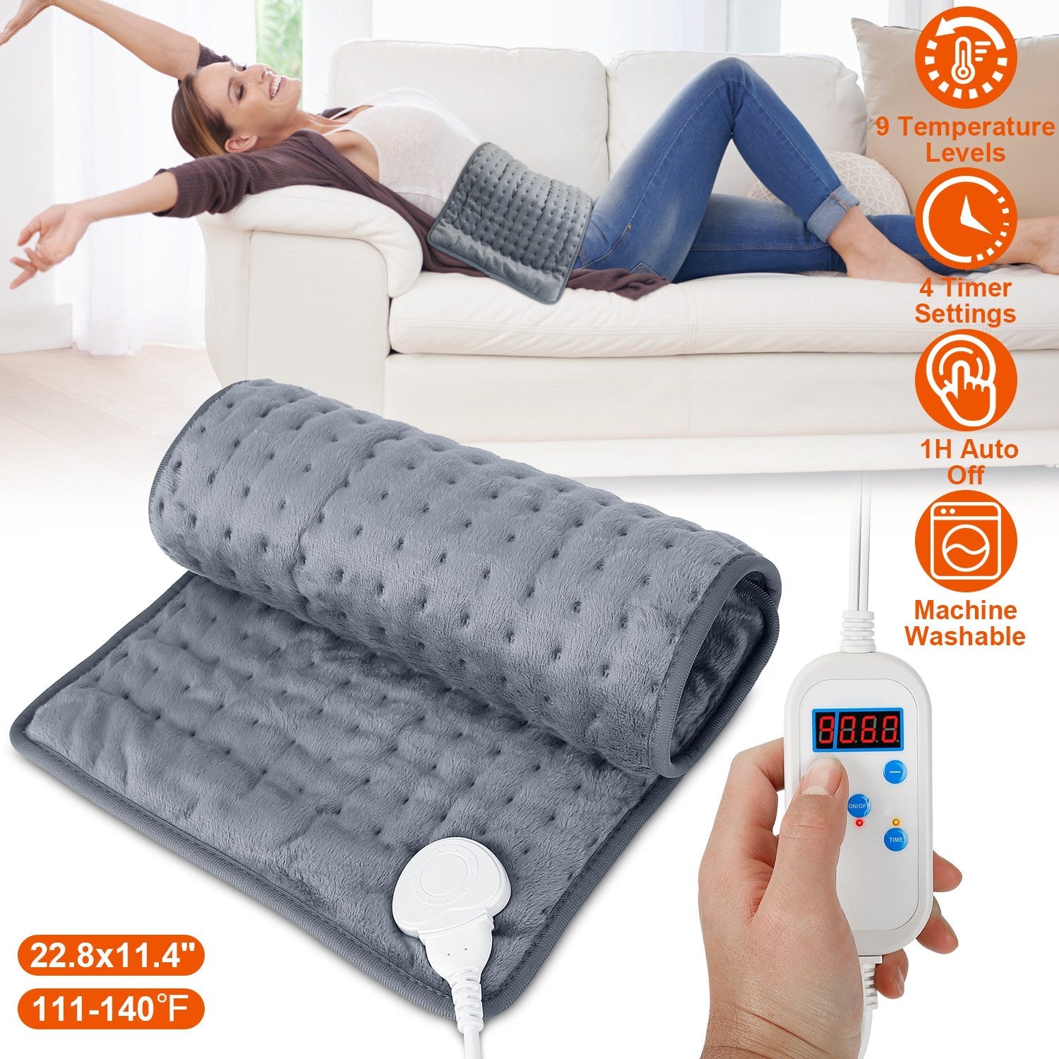 22.8x11.4” Electric Heating Pad for Shoulder Neck Back Spine Legs Feet Pain Relief w/ 9 Temperature Levels 4 Timer Modes