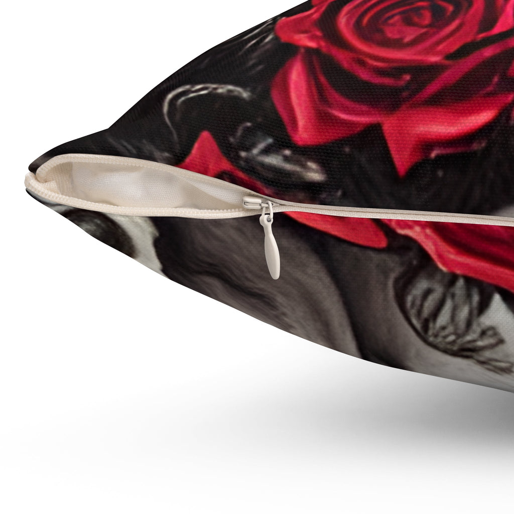 Hyper Realistic Skulls and Red Roses by artist Anne-Laure Goupil Spun Polyester Square Pillow