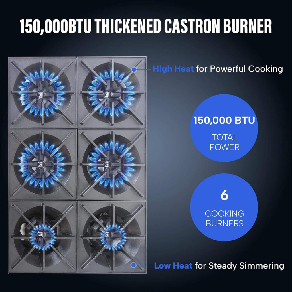 Heavy-Duty 36-Inch Commercial 150K BTU 6-Burner Stainless Steel Countertop Natural Gas And Propane Range (SAK92640)
