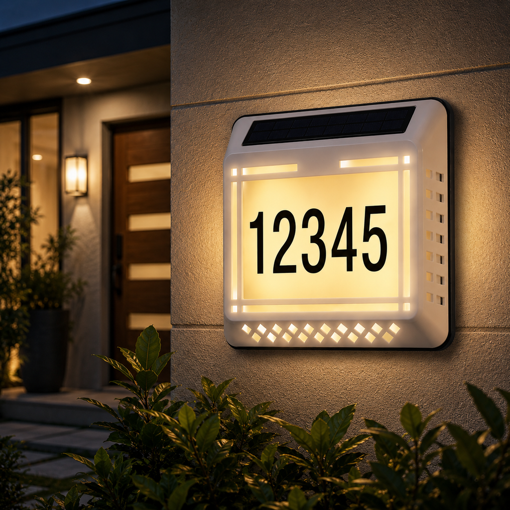 Solar LED Address Sign – Waterproof House Number Plaque, Customizable Numbers & Letters, Auto Dusk-to-Dawn Light, 8.1 x 6.9 Inches