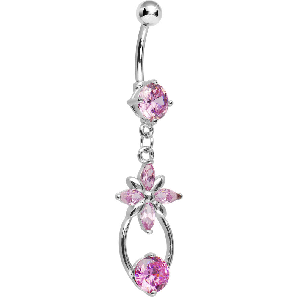 Pink CZ Flower Drop Belly Ring