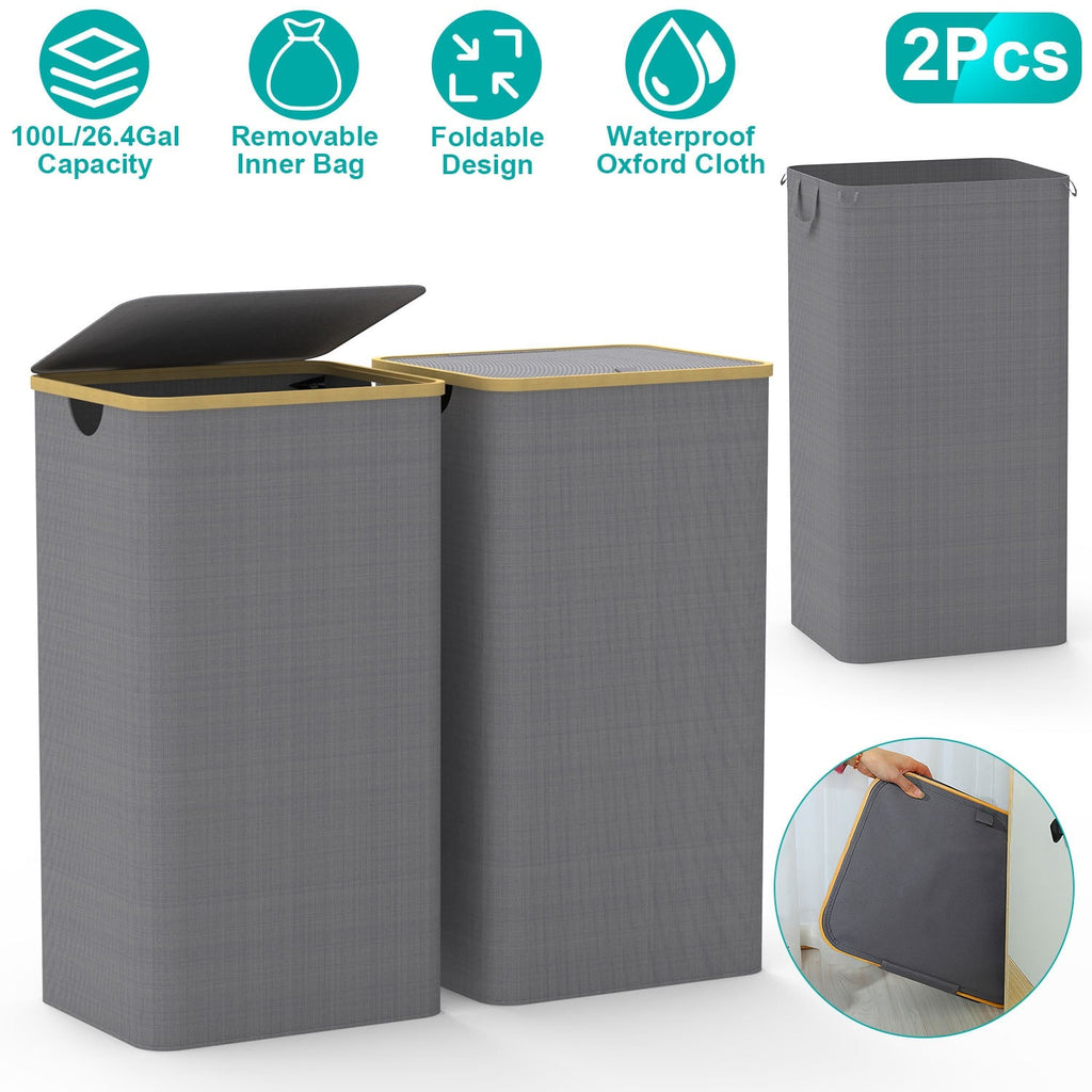 2Pcs Collapsible Laundry Hamper with Lid Handle 100L/26.4Gal Capacity Vertical Laundry Basket Foldable Bamboo Basket Dirty Clothes Organizer with Inne