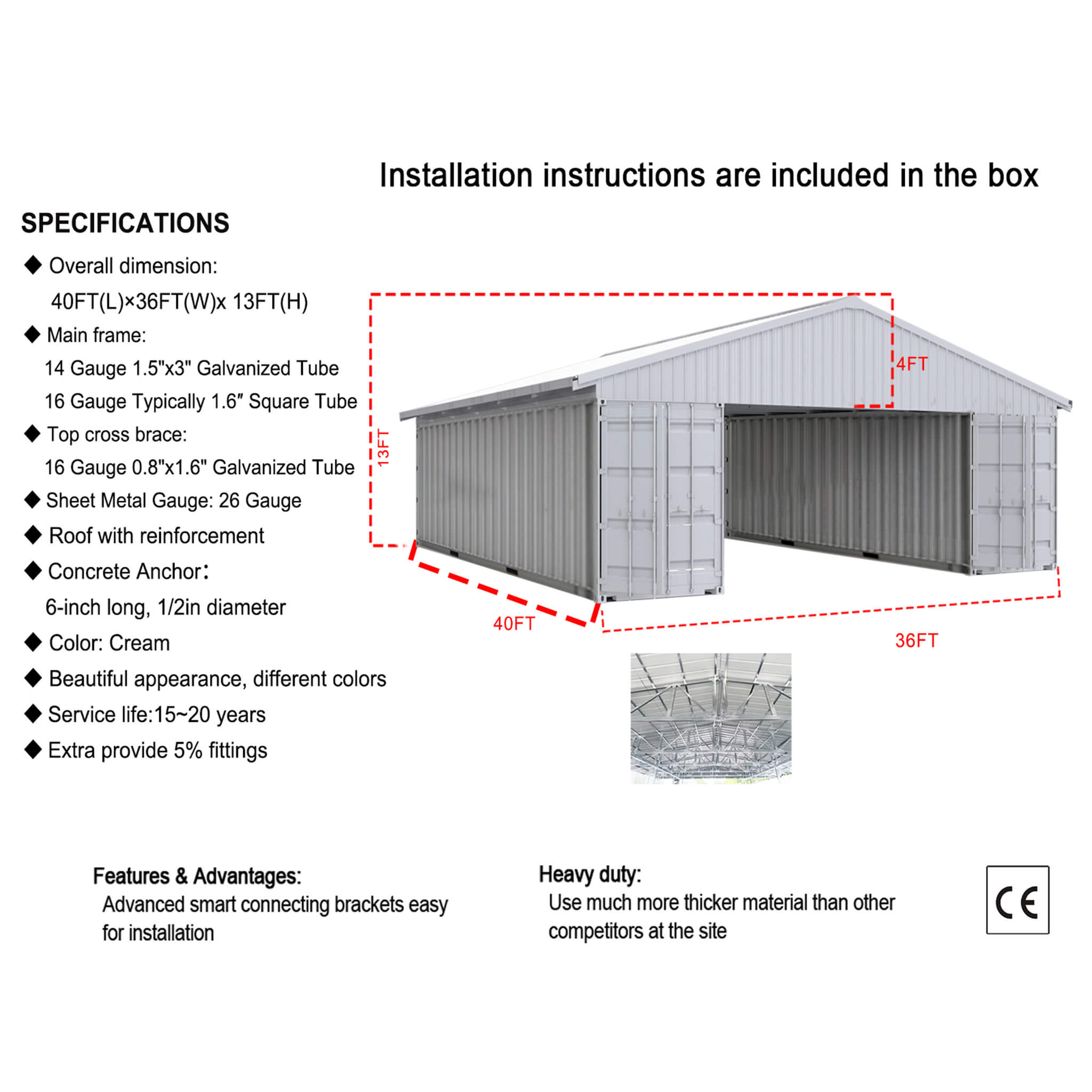[36X40FT] Alora Heavy-Duty Weather-Resistant Galvanized Steel Container Roof Kit [No Containers] (SAK37491)