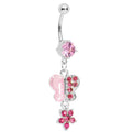 Pink Gem Paved Butterfly with Floral Dangle Belly Ring