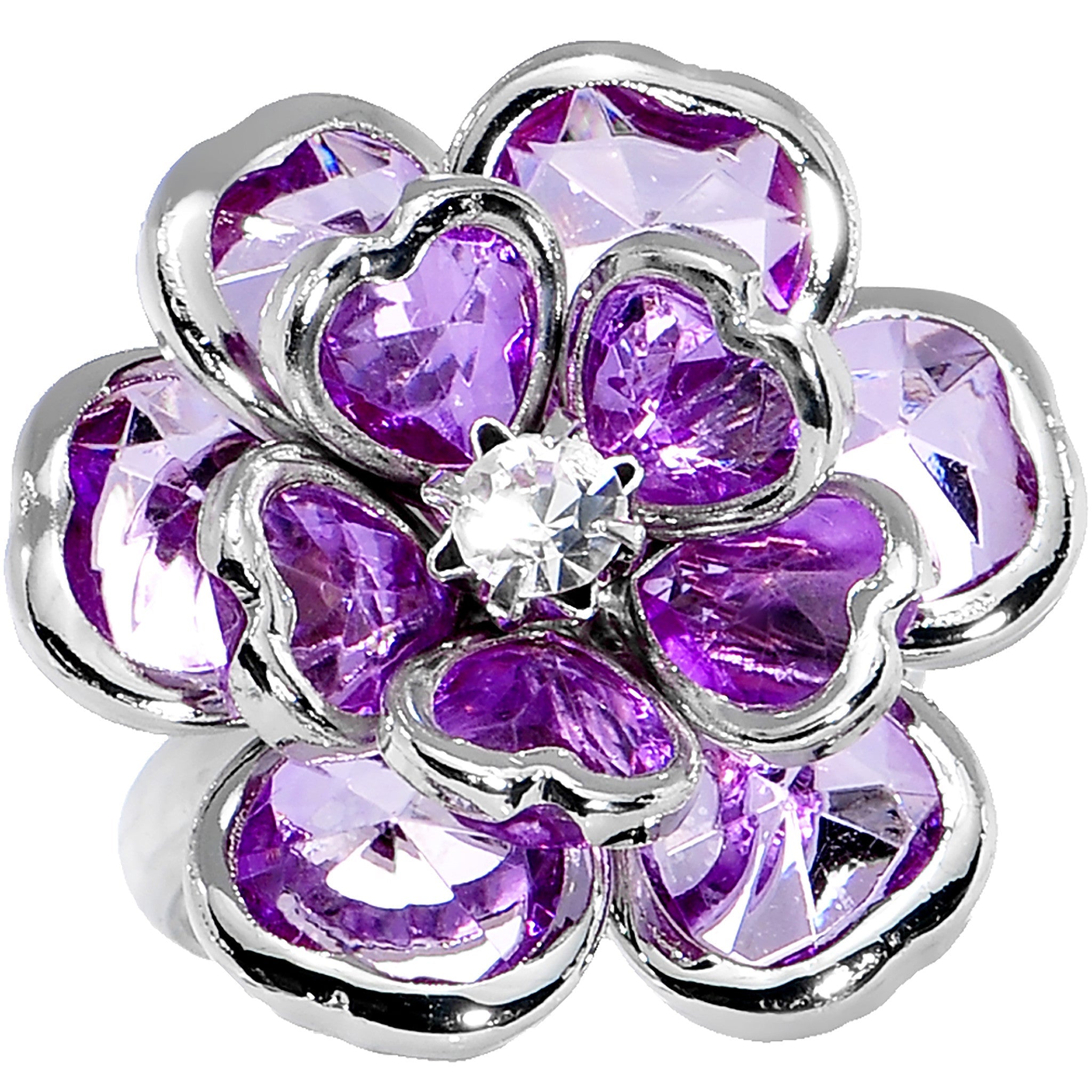 Small Purple Faceted Blooming Flower Adjustable Ring