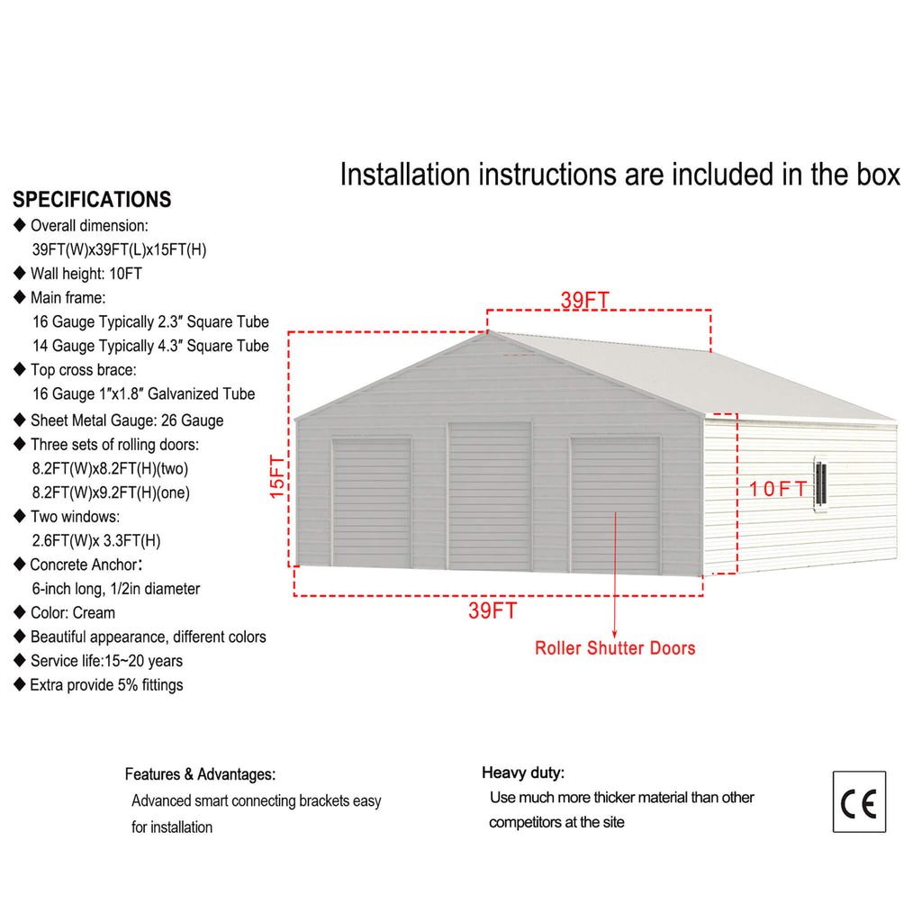 [39X39FT] Extra-Large Heavy-Duty Galvanized Steel Barn Building Shed With 3 Rolling Door Garages (SAK10234)