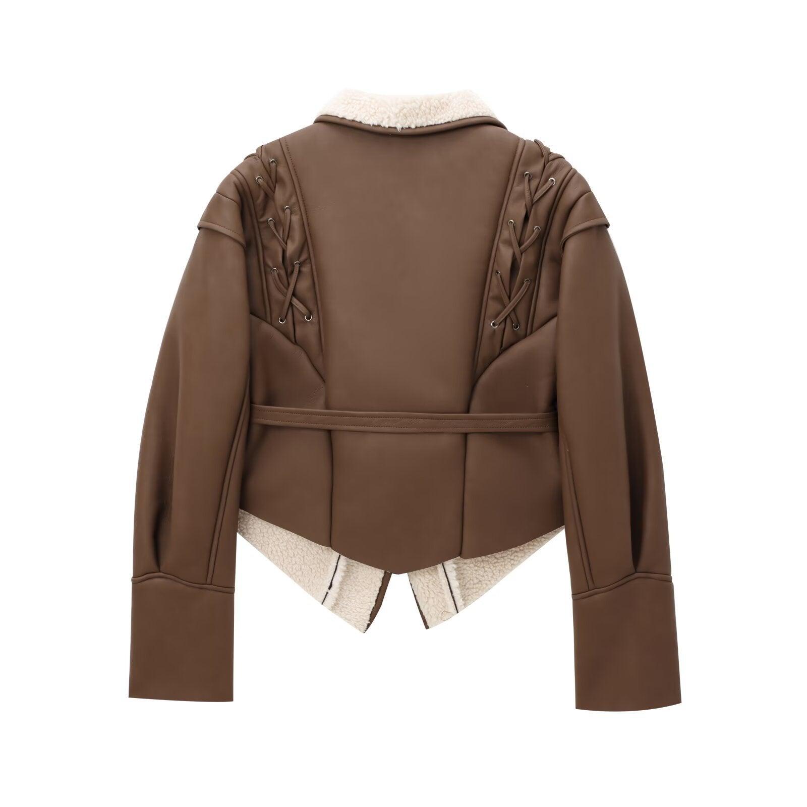 Chic French Waist Suede Jacket - Stylish Chocolate Leather Jacket for Women