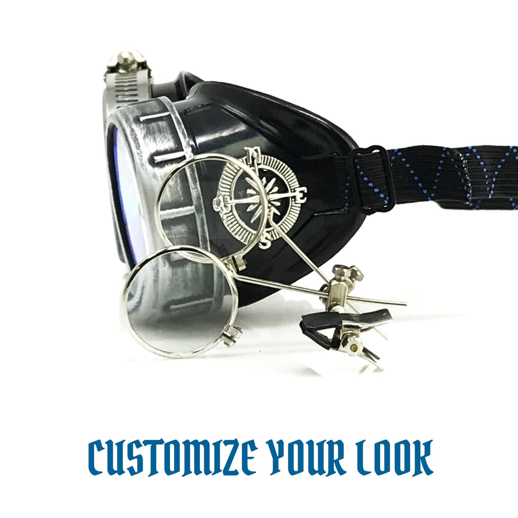 Handmade Steampunk Silver Goggles with Loupes - blue, red, green, clear, purple, black lenses