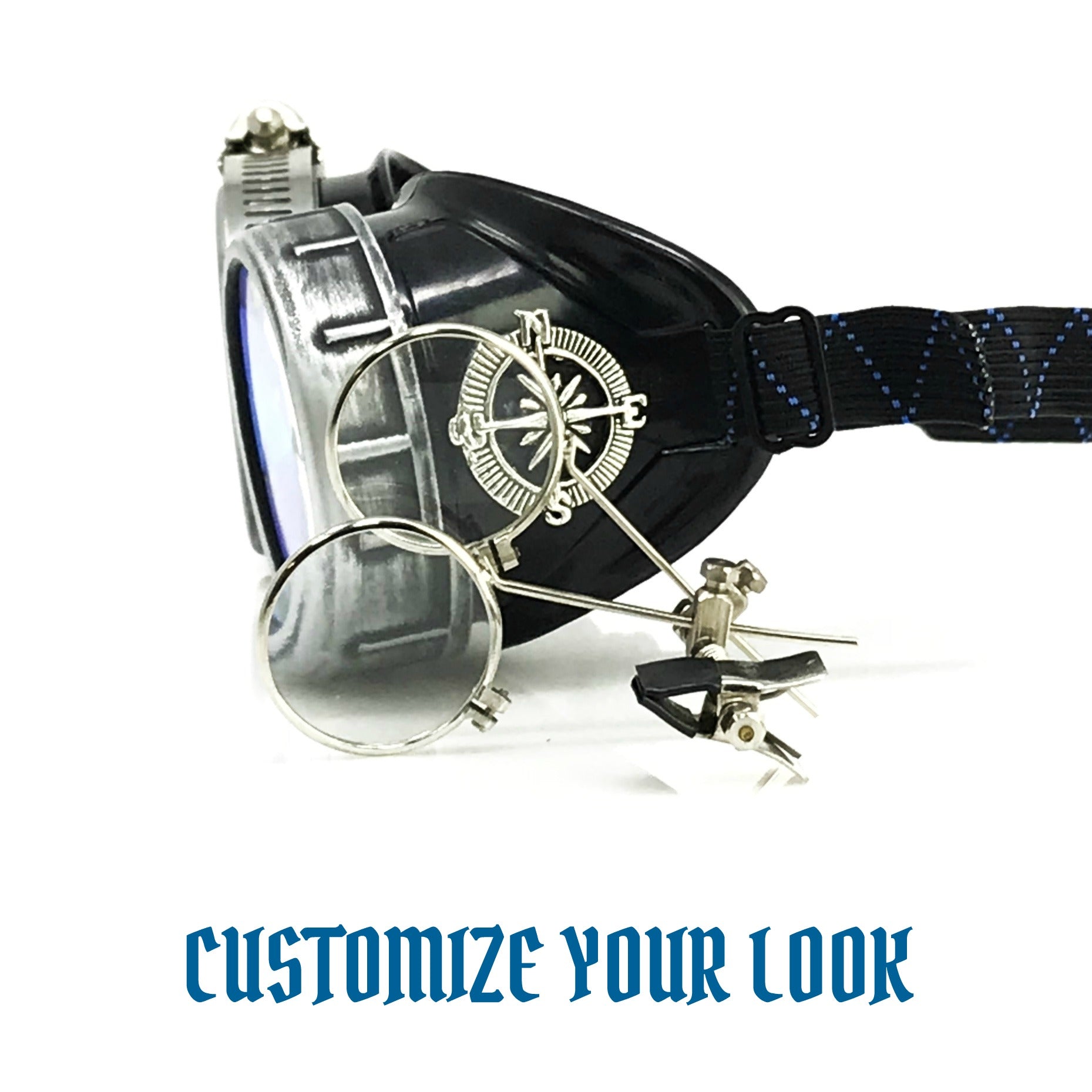 Handmade Steampunk Silver Goggles with Loupes - blue, red, green, clear, purple, black lenses