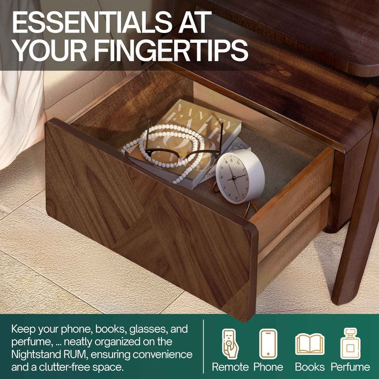 Rum Handcrafted Solid Wood Nightstand
