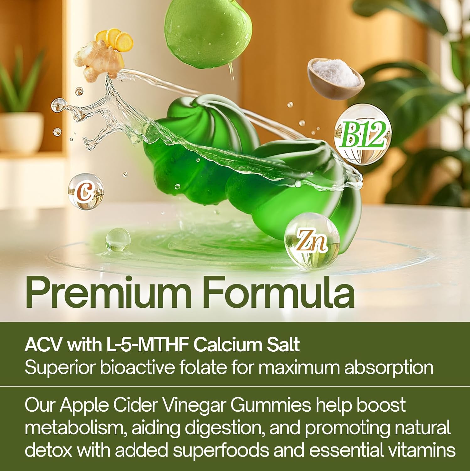 Premium Apple Cider Vinegar (ACV) Gummies, Formulated with Vitamin B12, Zinc, Ginger & Vitamin C