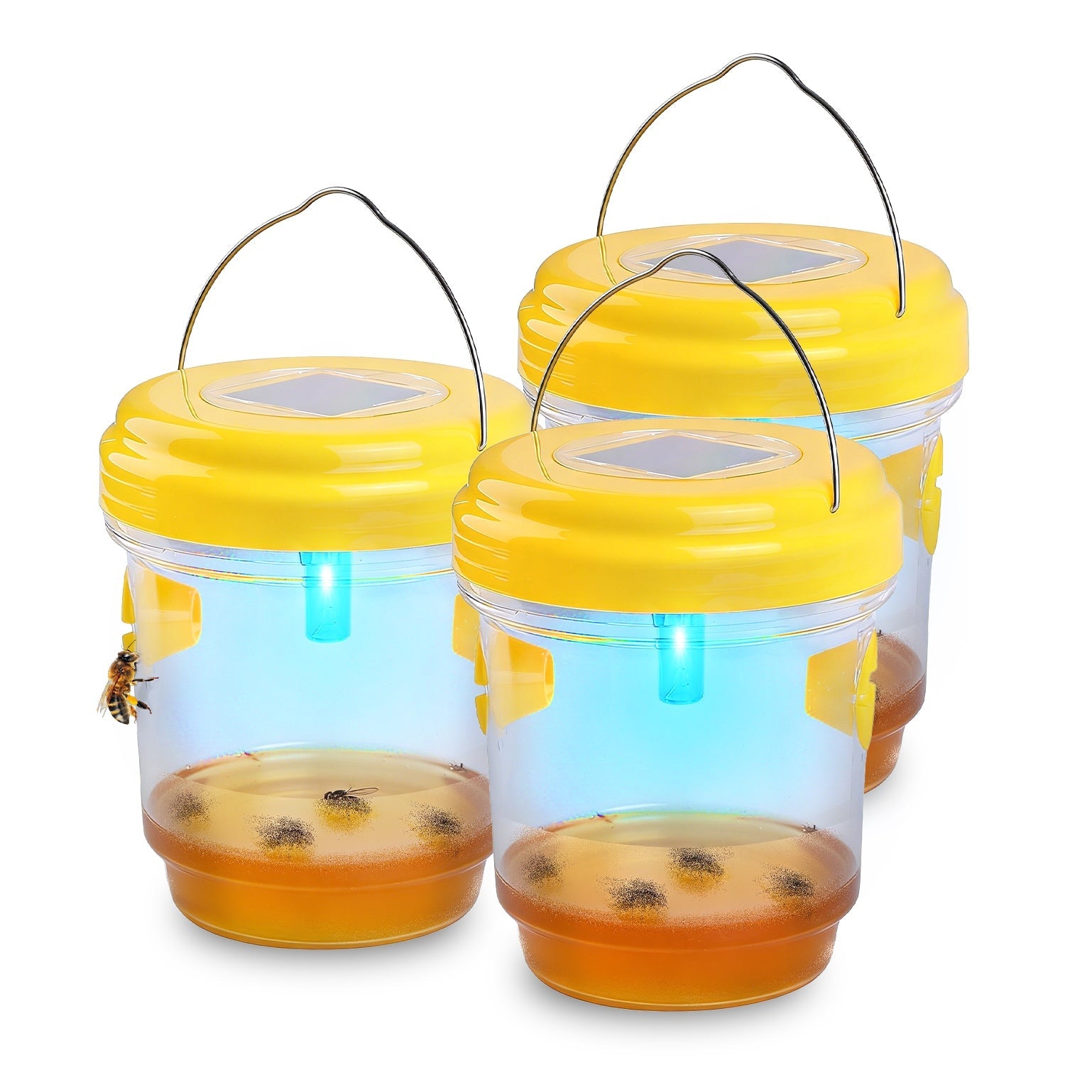 3Pack Solar Wasp Traps Outdoor Hanging Insect Catchers with UV Light for Paper Wasps Yellow Jackets Small Hornets Fruit Flies House Flies