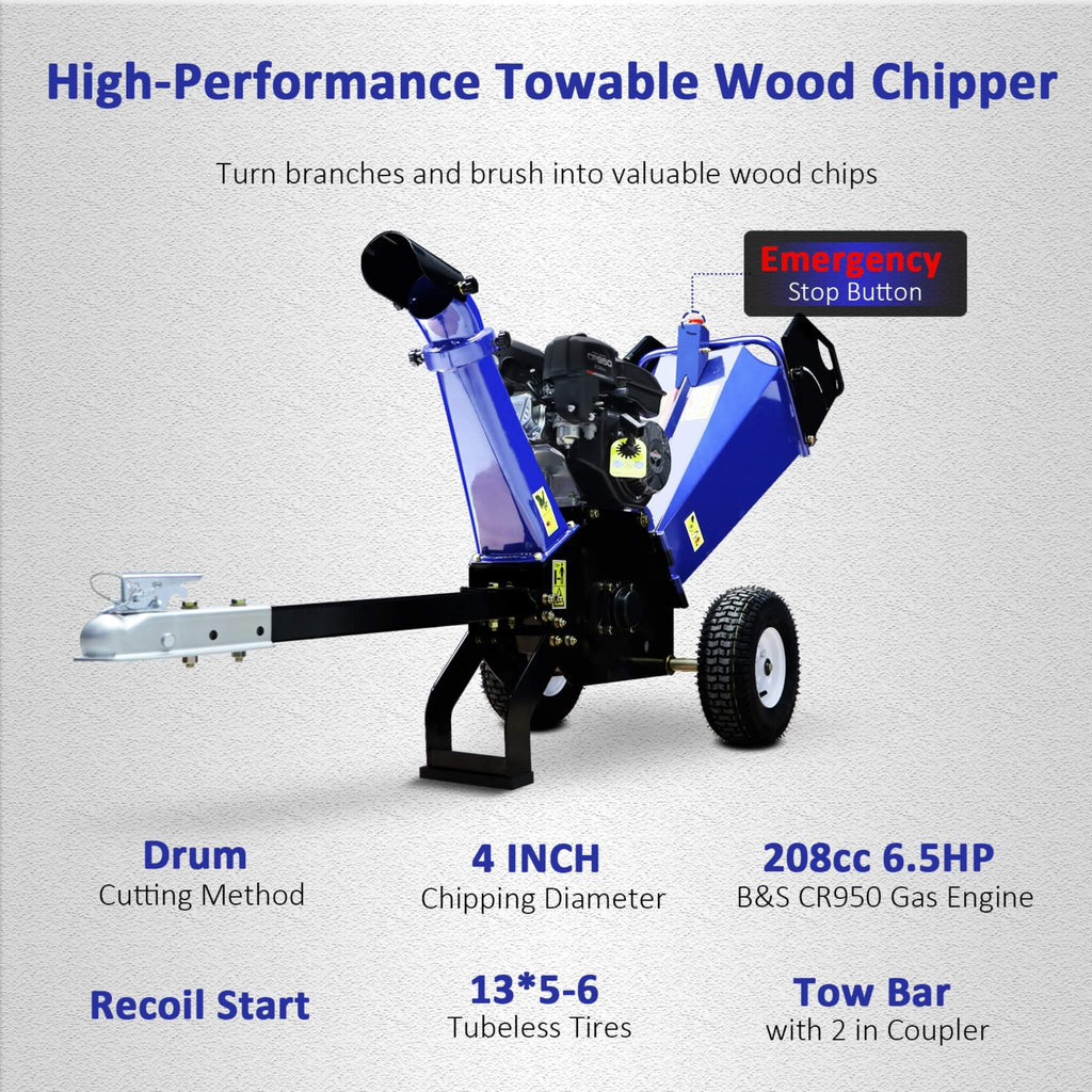 Heavy-Duty 4-Inch 208CC Gas Drum Wood Chipper Shredder With Tow Hitch (SAK47504)