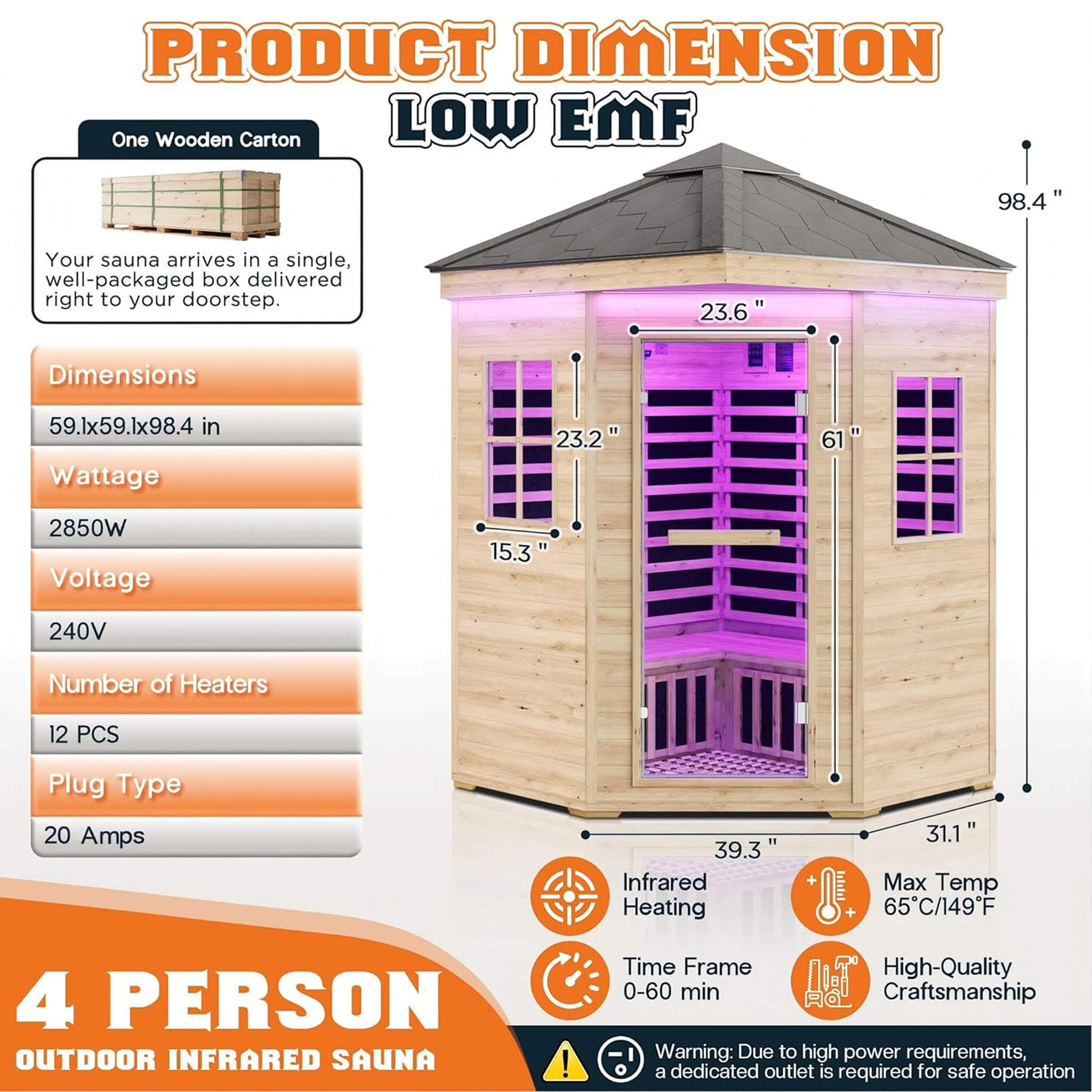 Thermora Monaco 4-Person Low EMF Spruce Wood Outdoor Infrared Sauna With Bluetooth Speakers And LED Lights (SAK16270)
