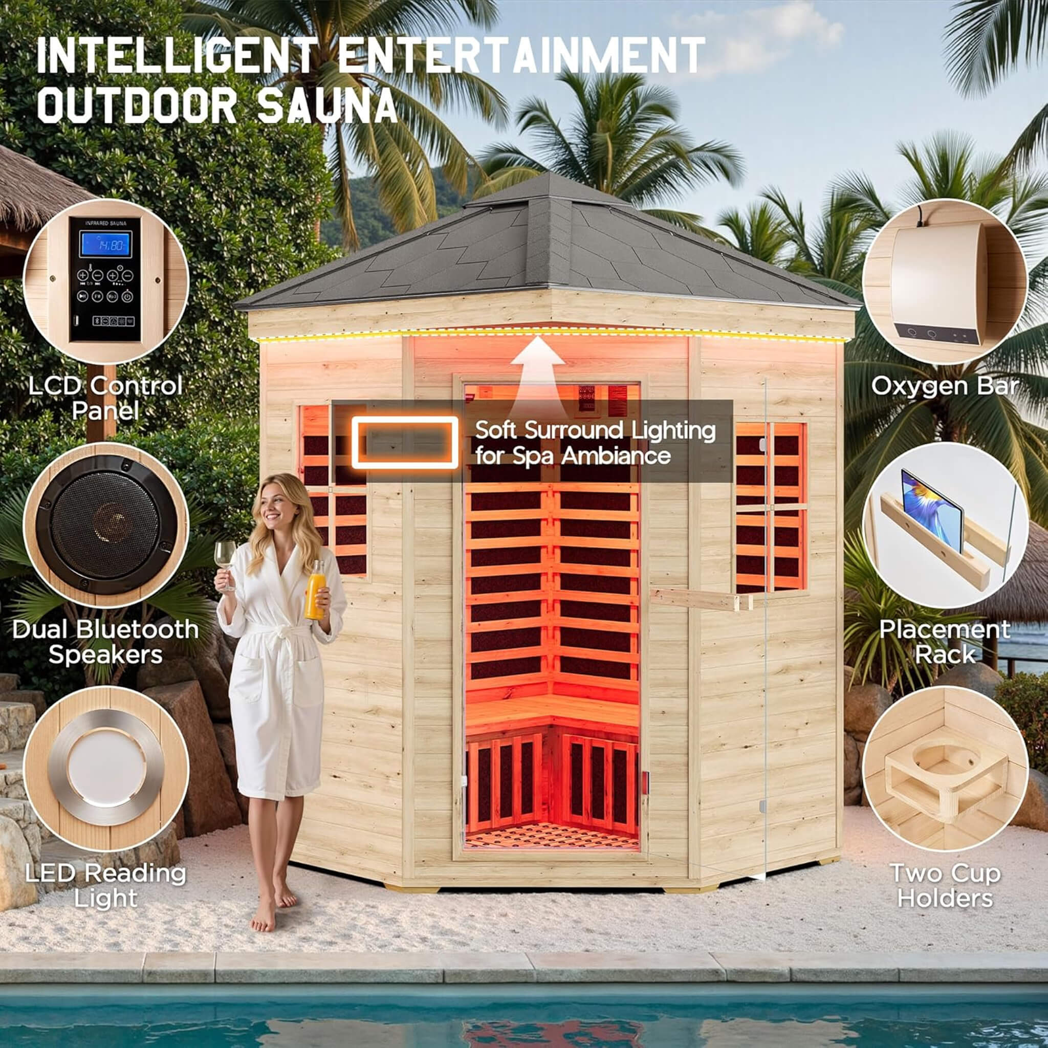 Thermora Monaco 4-Person Low EMF Spruce Wood Outdoor Infrared Sauna With Bluetooth Speakers And LED Lights (SAK16270)