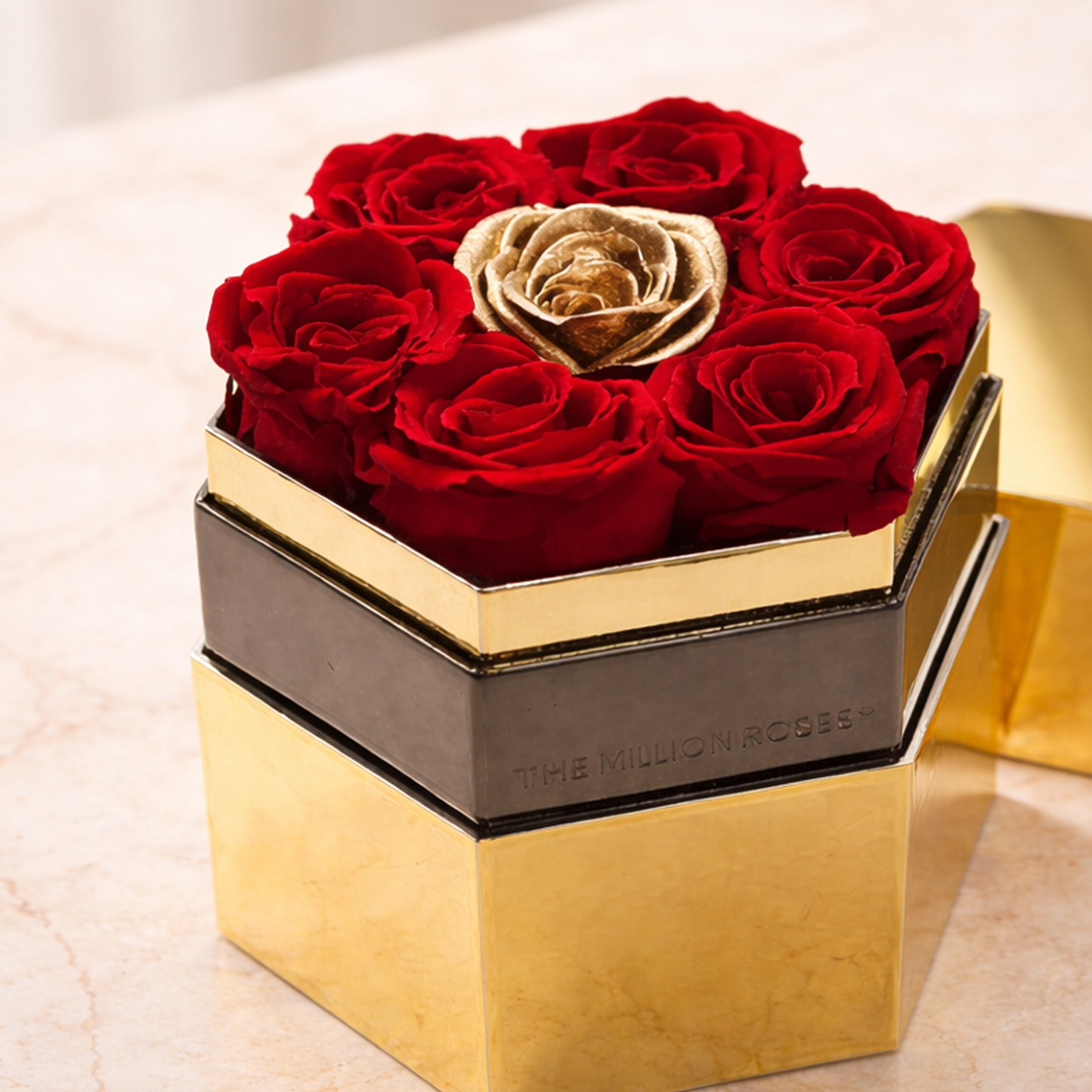 One in a Million™ Mirror Gold Hexagon Box | Red & Gold Roses