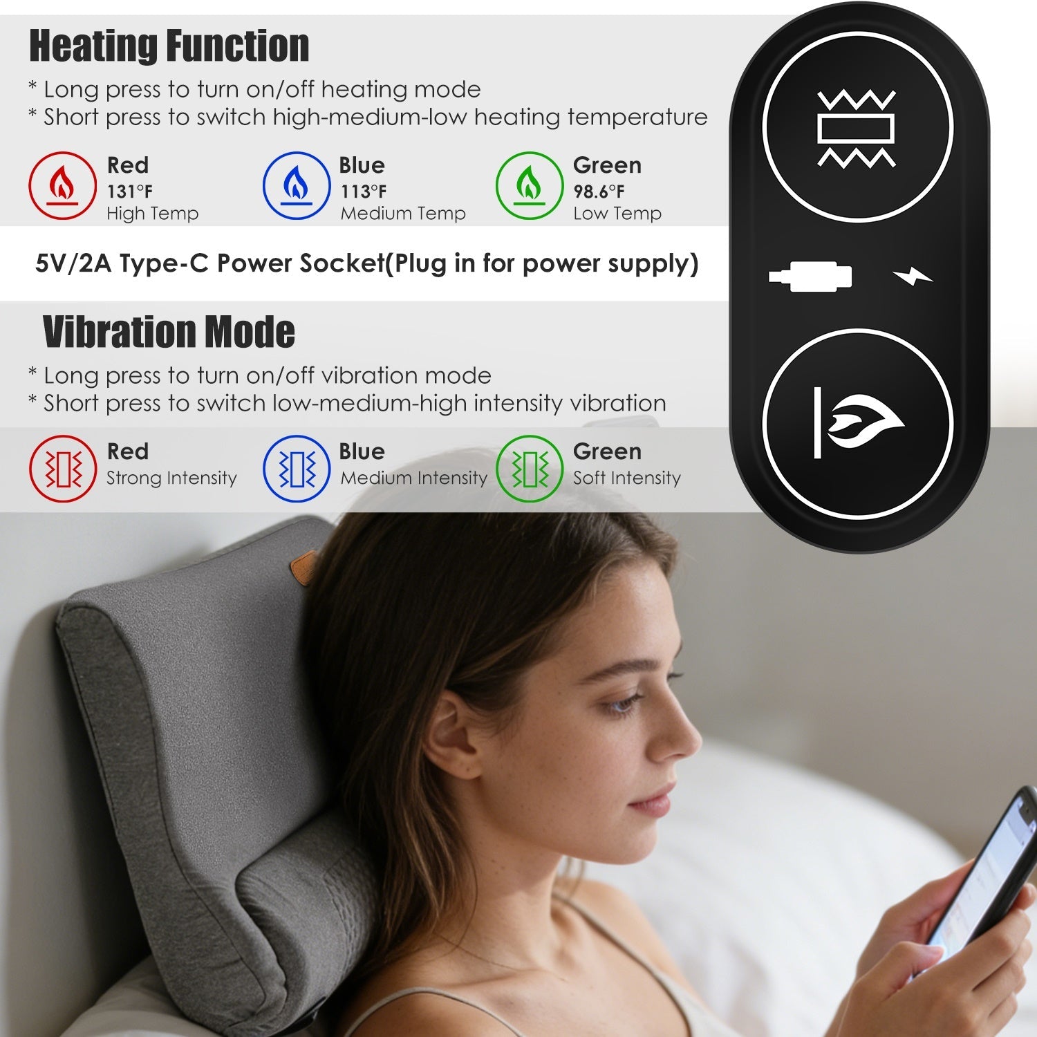 Neck Massager Pillow Ergonomic Massager Memory Foam Pillow with 3-Level Heating 3-Intensity Vibration 30Min Timer for Neck Back Shoulder Pain Relief