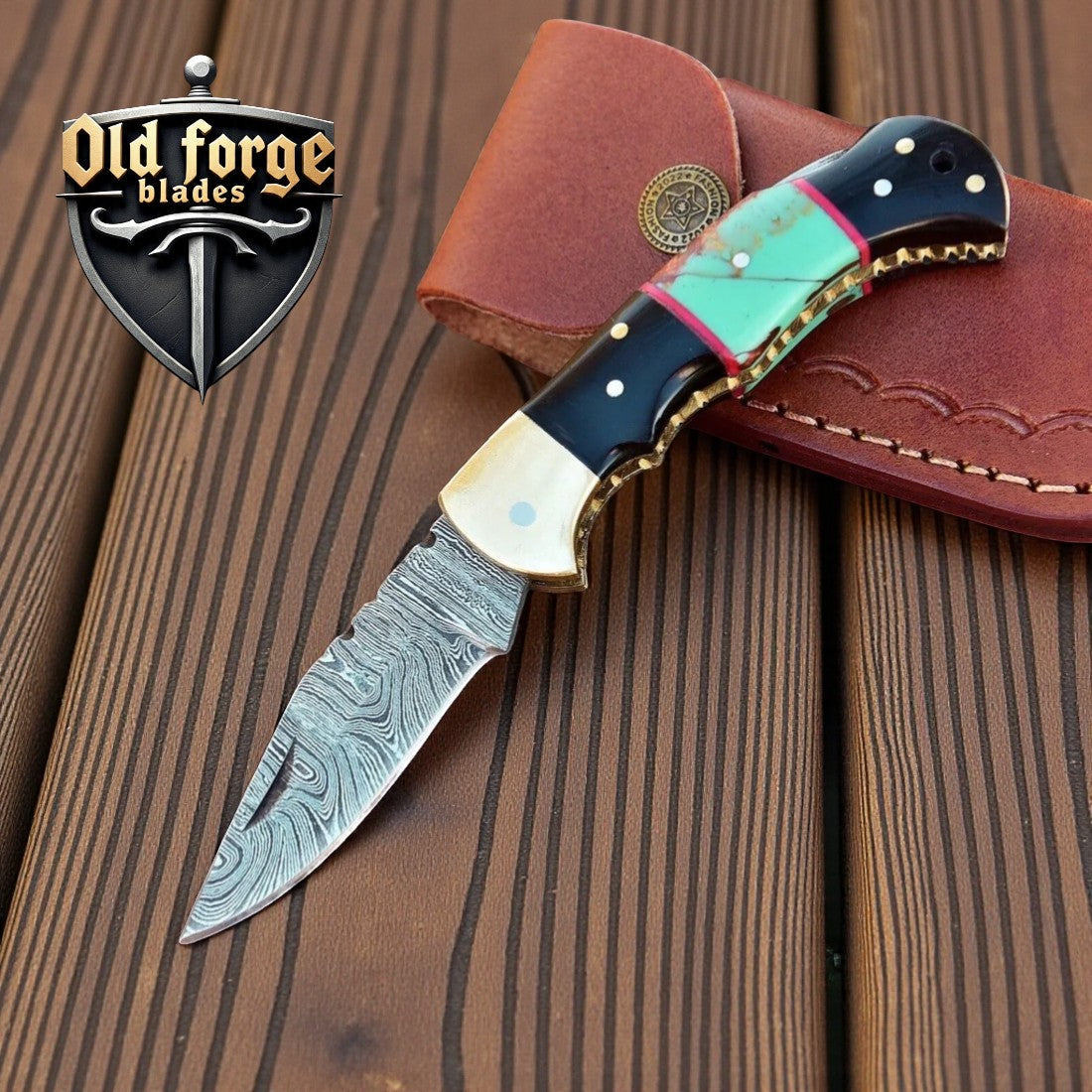Handmade Craftsman Pocket Knife – 3" Damascus Steel Blade, Horn & Turquoise Handle