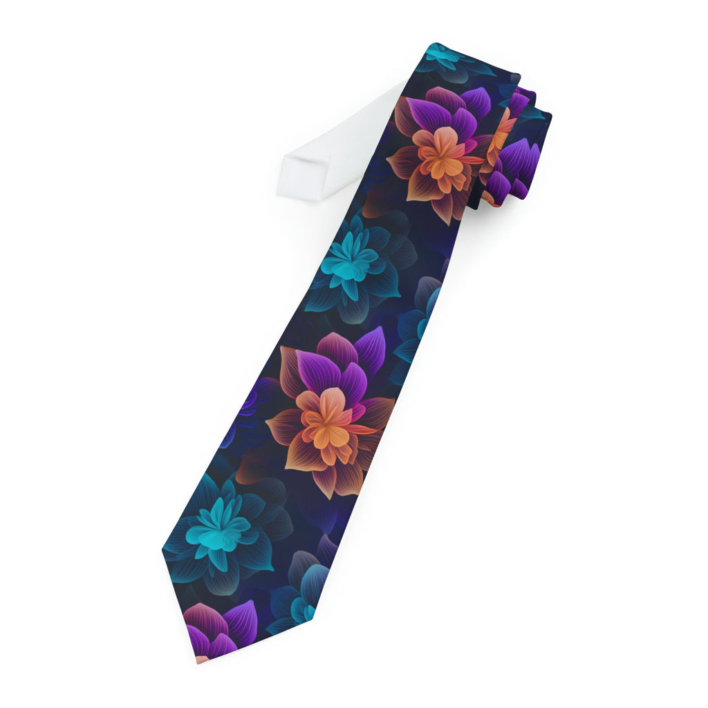 "DirkyThreadz Vibrant Blossom Necktie - Bold Purple, Orange & Blue Floral Design"