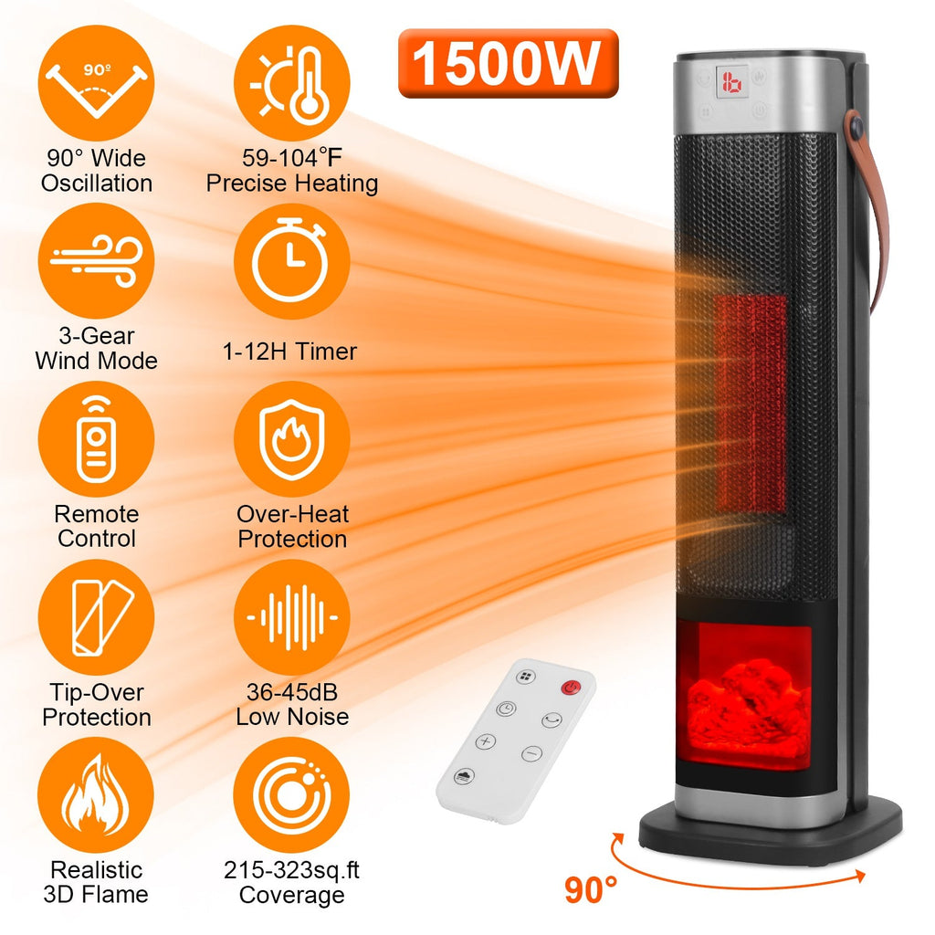 1500W Oscillating Ceramic Tower Space Heater with 3D Flame Portable Electric Heater with 3 Wind Modes 59-104℉Heating Remote Control 12H Timer Overheat