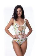 LEMON PRINT RUFFLE TRIM CUTOUT ONE PIECE SWIM