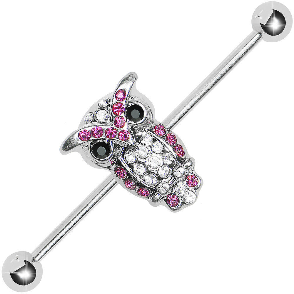 Pink and Clear Gem Paved Owl Industrial Barbell 37mm