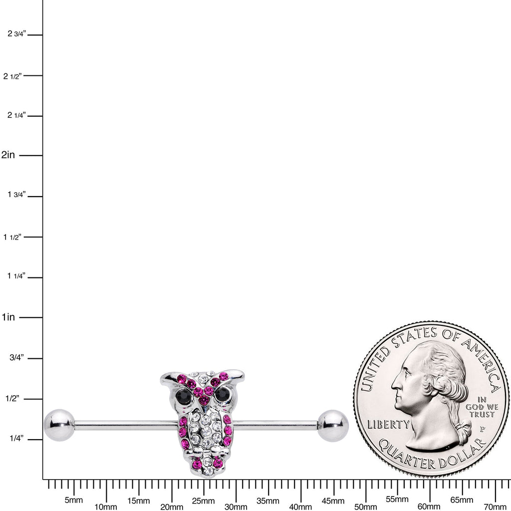 Pink and Clear Gem Paved Owl Industrial Barbell 37mm