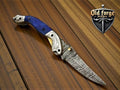 USA Made Damascus Steel Pocket Knife – Blue Resin Handle