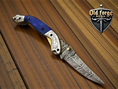 USA Made Damascus Steel Pocket Knife – Blue Resin Handle